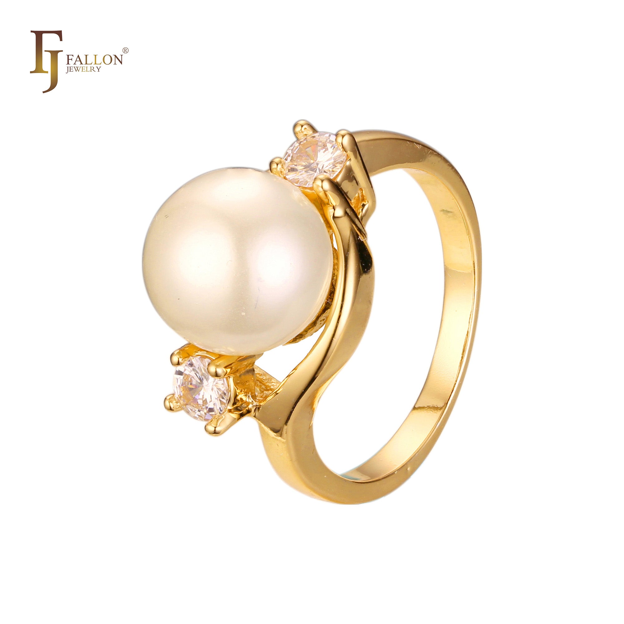 Solitaire pearl rings sided with 2 stones in 18K Gold, 14K Gold, Rose Gold plating colors
