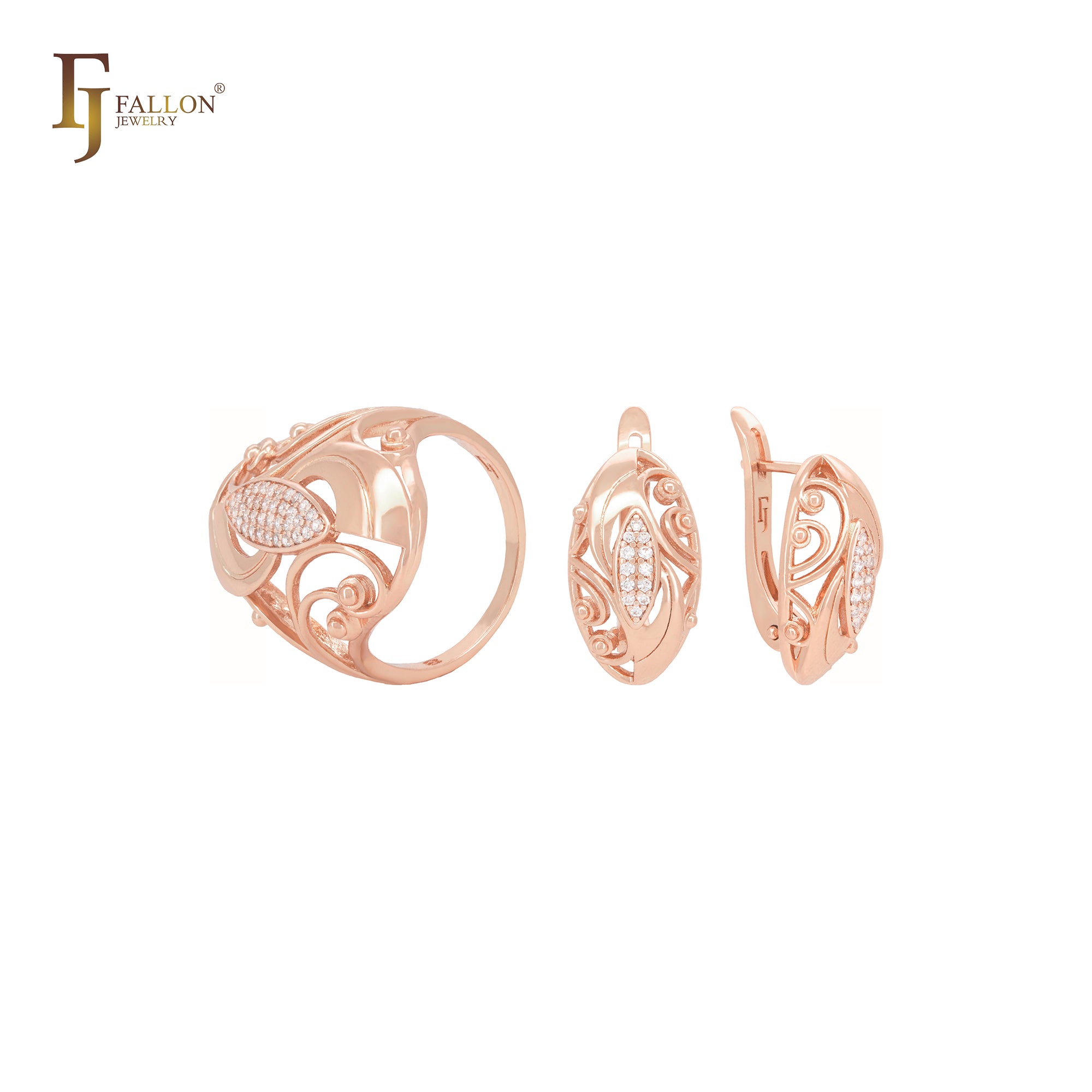 Conjunto de joias de ouro rosa com zircônias cúbicas brancas e anéis Marquise of Marquise