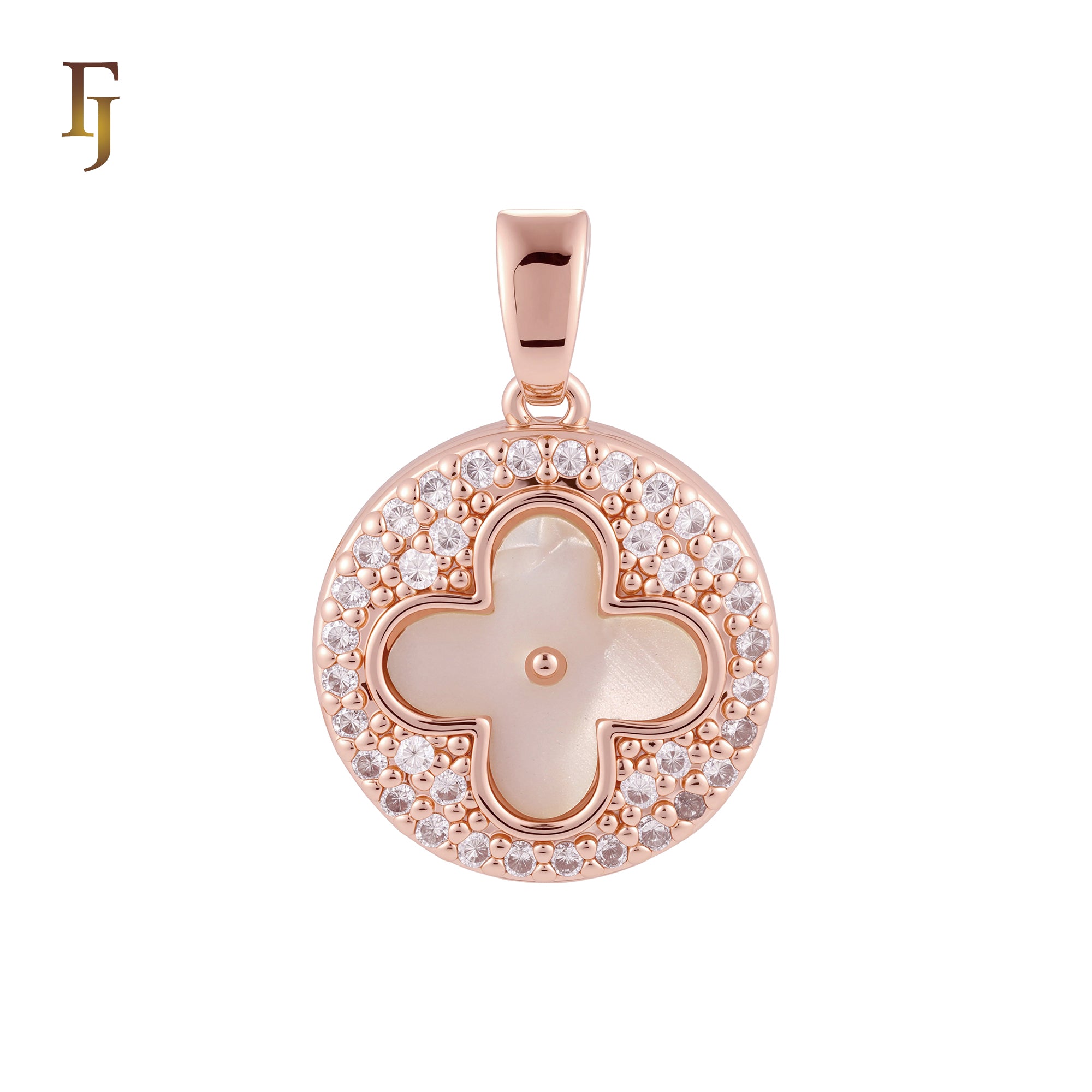 Lucky Disc Cluster white CZs Clover of Black or white Onyx 14K Gold, Rose Gold Pendant