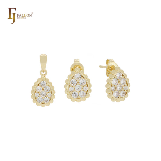 Kleines Schmuckset aus 14 Karat Gold mit Anhänger und Ohrsteckern, tropfenförmiger Cluster aus weißen, abgerundeten Zirkonia