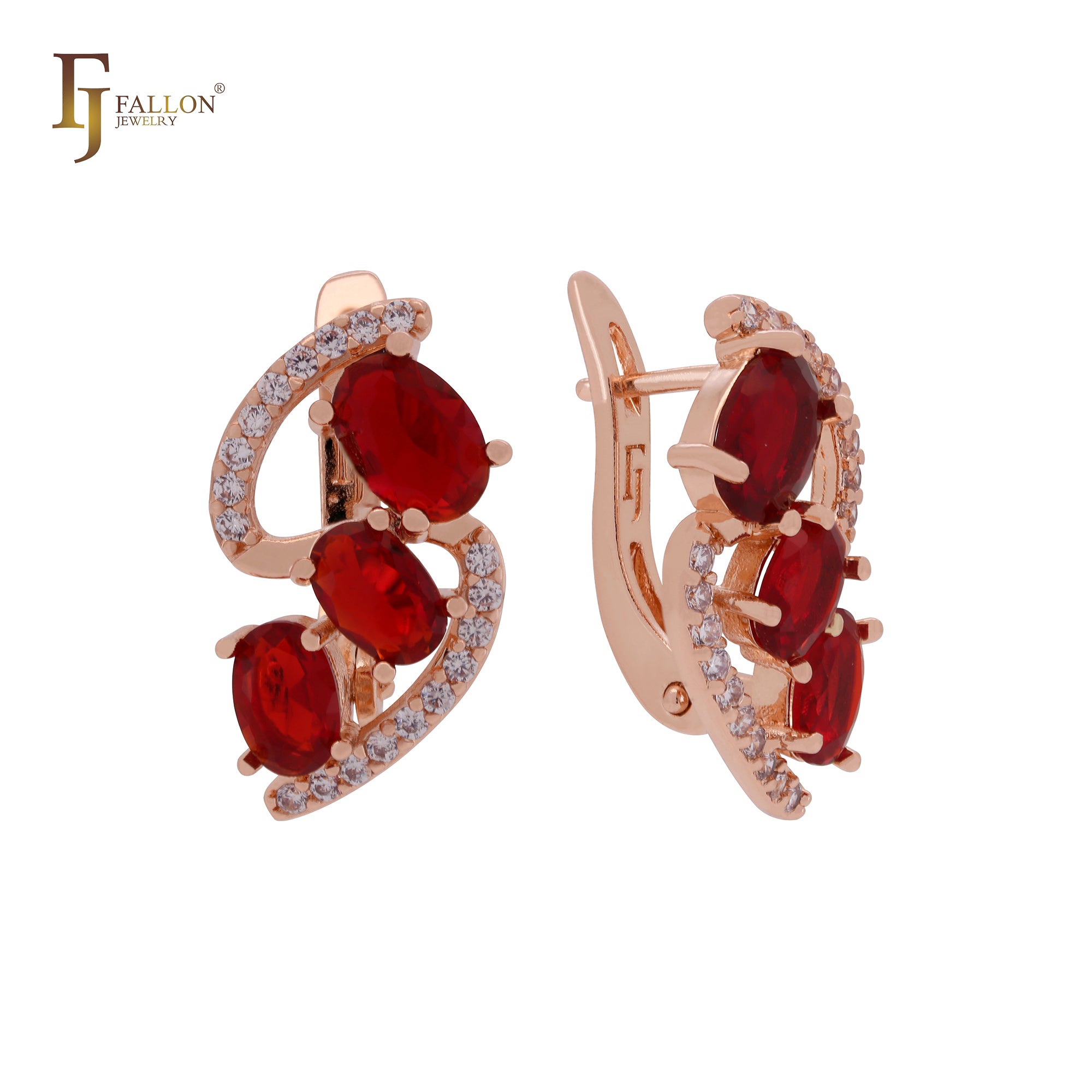 Triple Red CZs with white CZs cluster luxurious Rose Gold Russian Lock Earrings