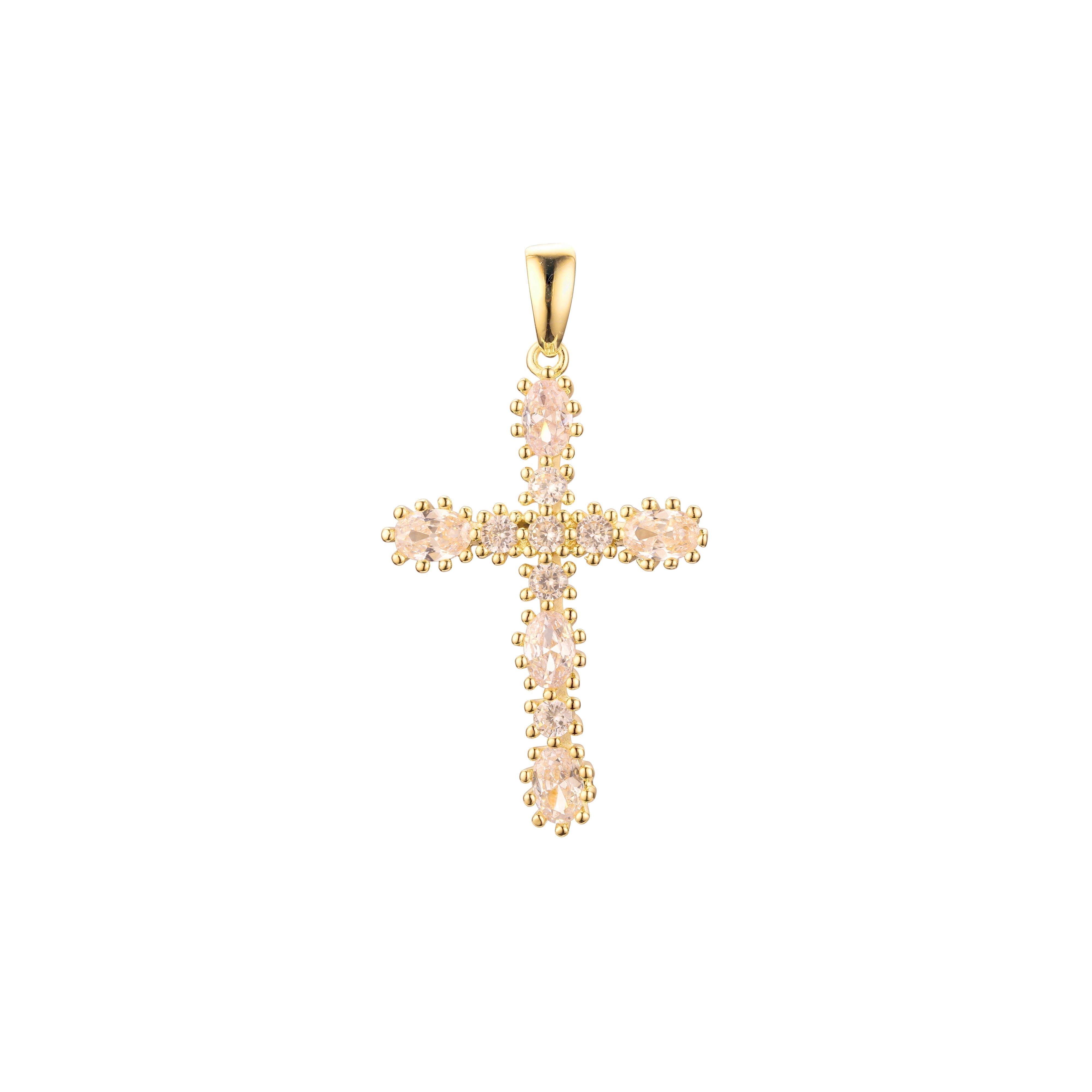 Big Radiant Cut Cluster white CZs Rose Gold, 14K Gold Latin Cross Pendant
