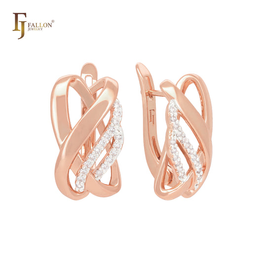 🔥 Multi rows interlocking white CZs ribbons Rose Gold two tone Russian Lock Earrings