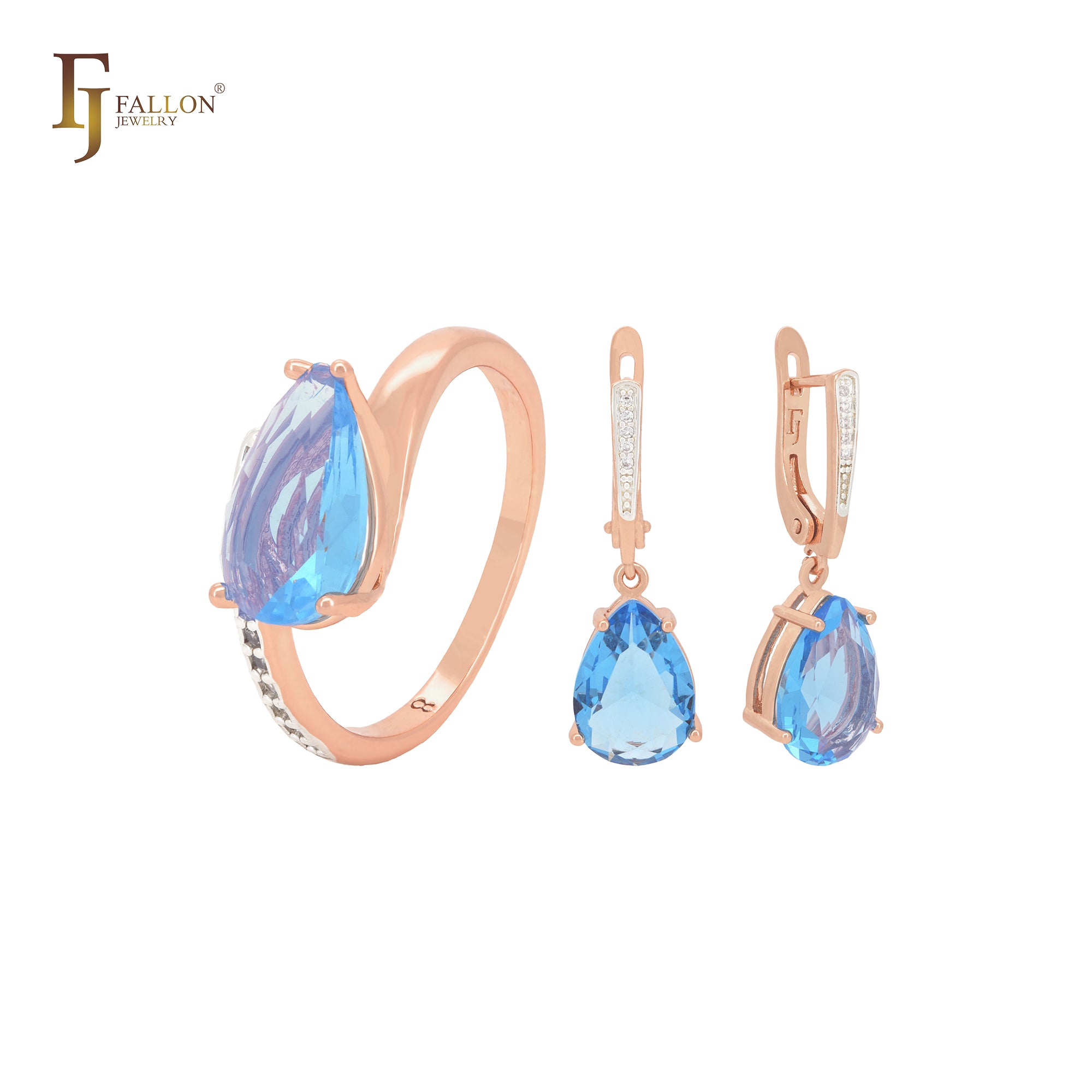 Tiefseeblauer, birnenförmiger CZ-Solitär mit weißen CZs, zweifarbiges Schmuckset aus Roségold mit Ringen