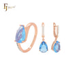 Tiefseeblauer, birnenförmiger CZ-Solitär mit weißen CZs, zweifarbiges Schmuckset aus Roségold mit Ringen