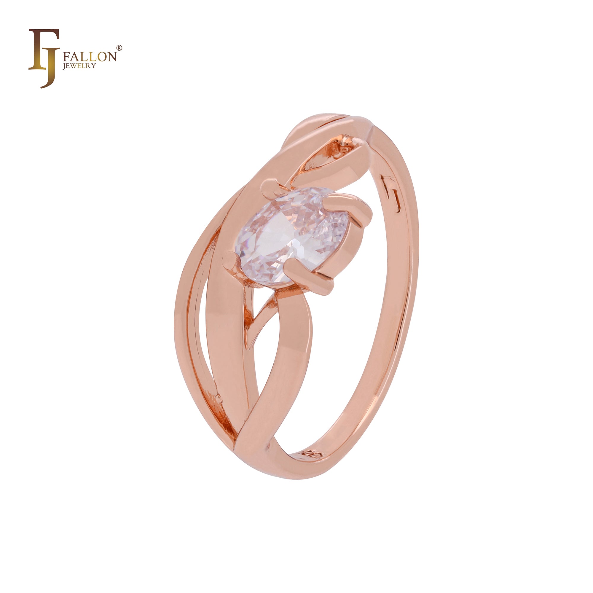 Elegante anillo solitario de circonita blanca ovalada en oro rosa.