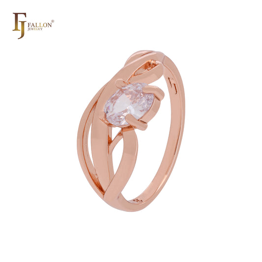 Anéis elegantes de ouro rosa com fita oval e solitário de zircônia cúbica branca