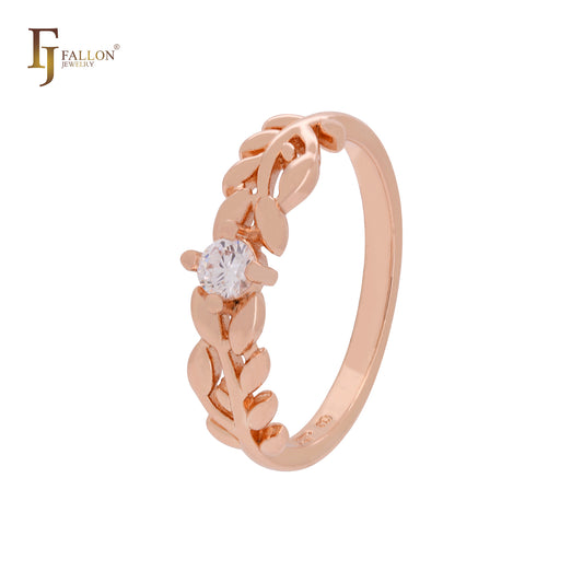 Anillo de moda solitario de oro rosa con circonitas blancas y rama floreciente