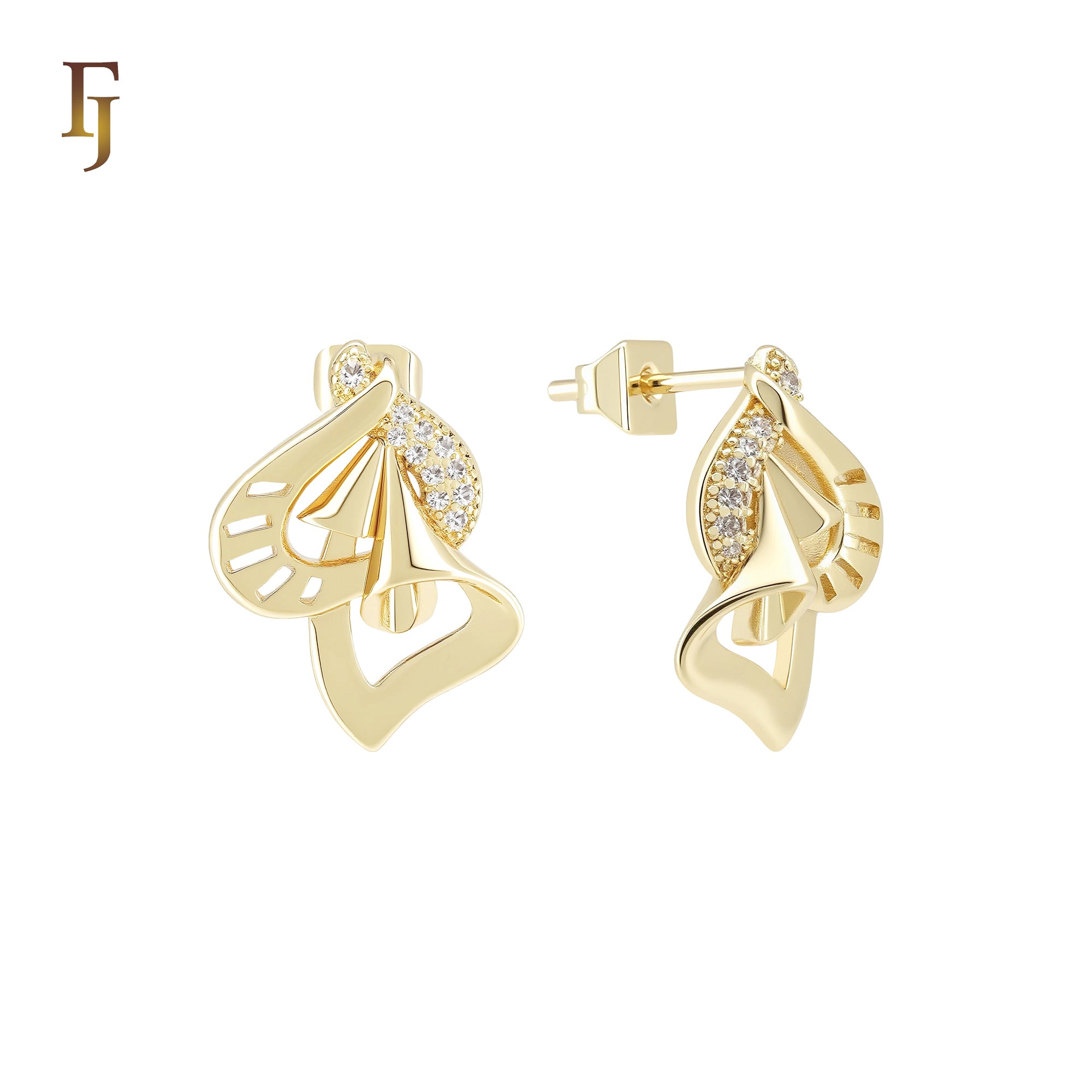 Ribbon of bell Paved white CZs 14K Gold Stud Earrings