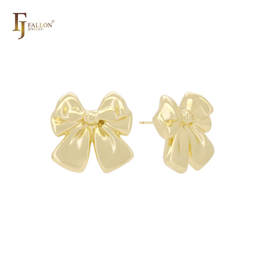 Hermosos pendientes tipo botón con lazo en forma de lazo en oro de 14 quilates, oro rosa y oro blanco.