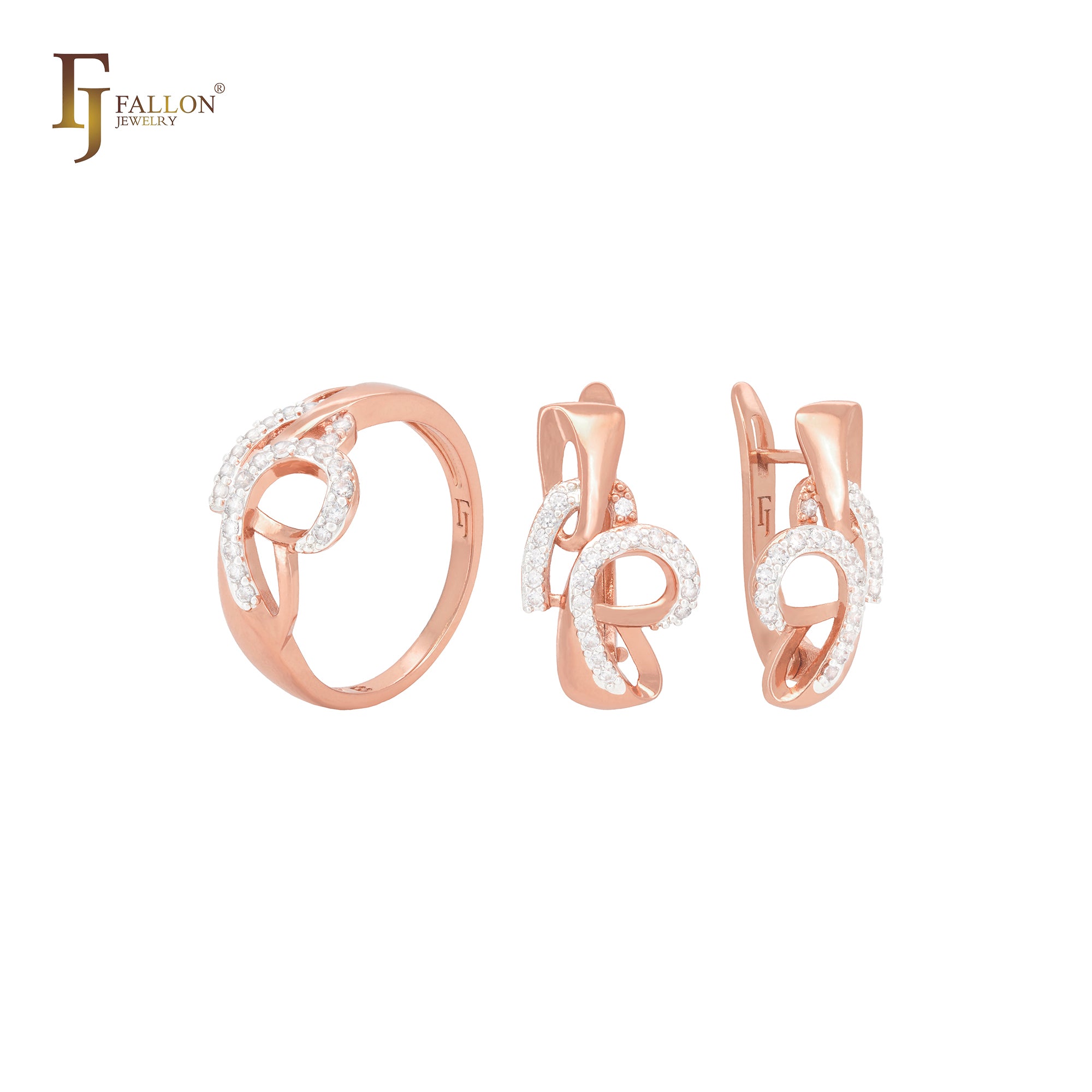 Ineinandergreifende Drähte aus weißen Zirkonia-Steinen, Roségold-Schmuckset mit Ringen