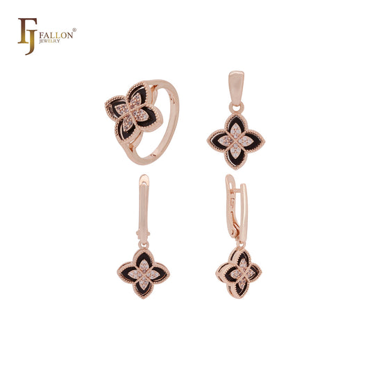Conjunto de joyas de oro rosa de 14 quilates con trébol en capas blanco y negro, anillos y colgante.