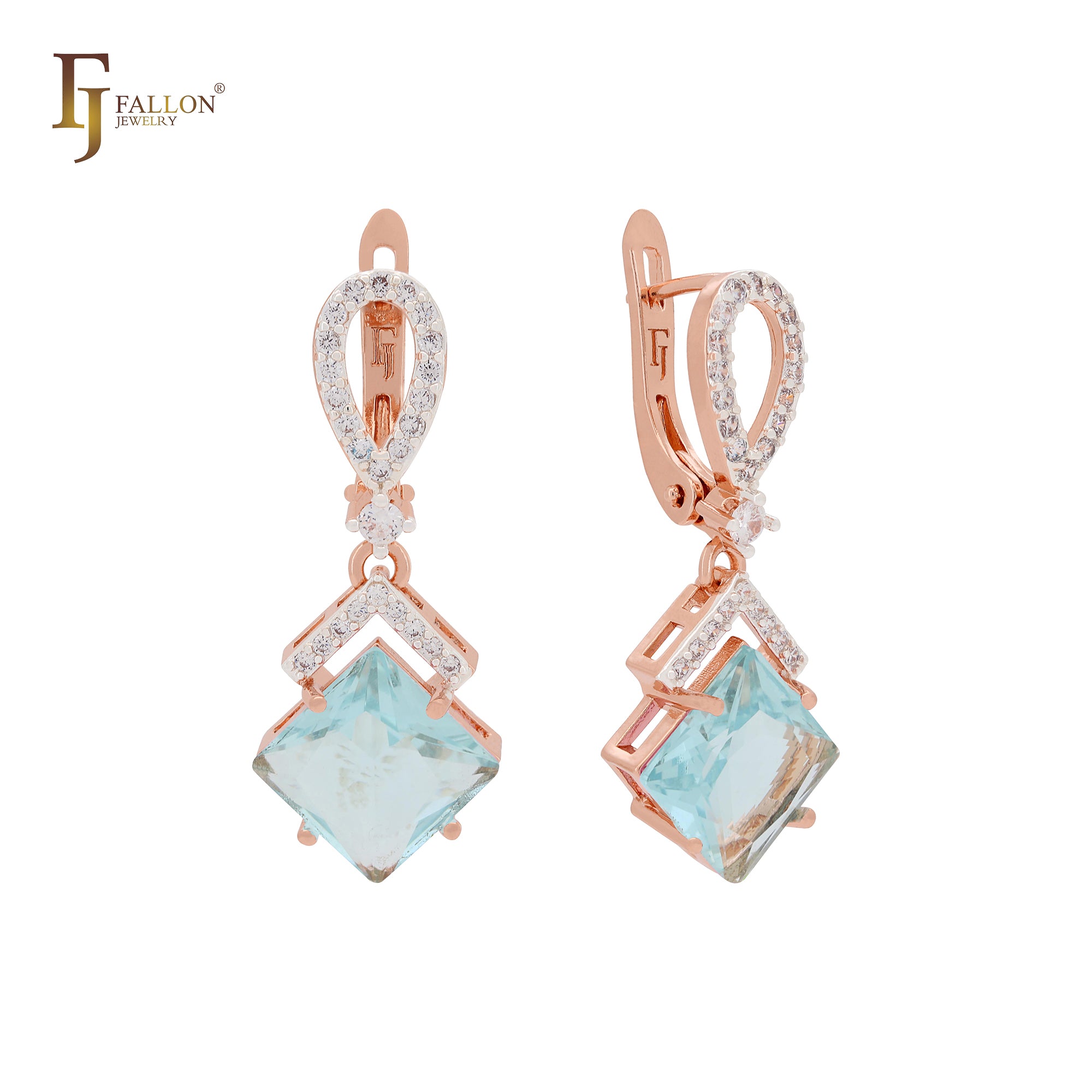 Dangling rhombus shape lake blue CZ with white CZs band Rose Gold Russian Lock Earrings