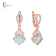 Dangling rhombus shape lake blue CZ with white CZs band Rose Gold Russian Lock Earrings