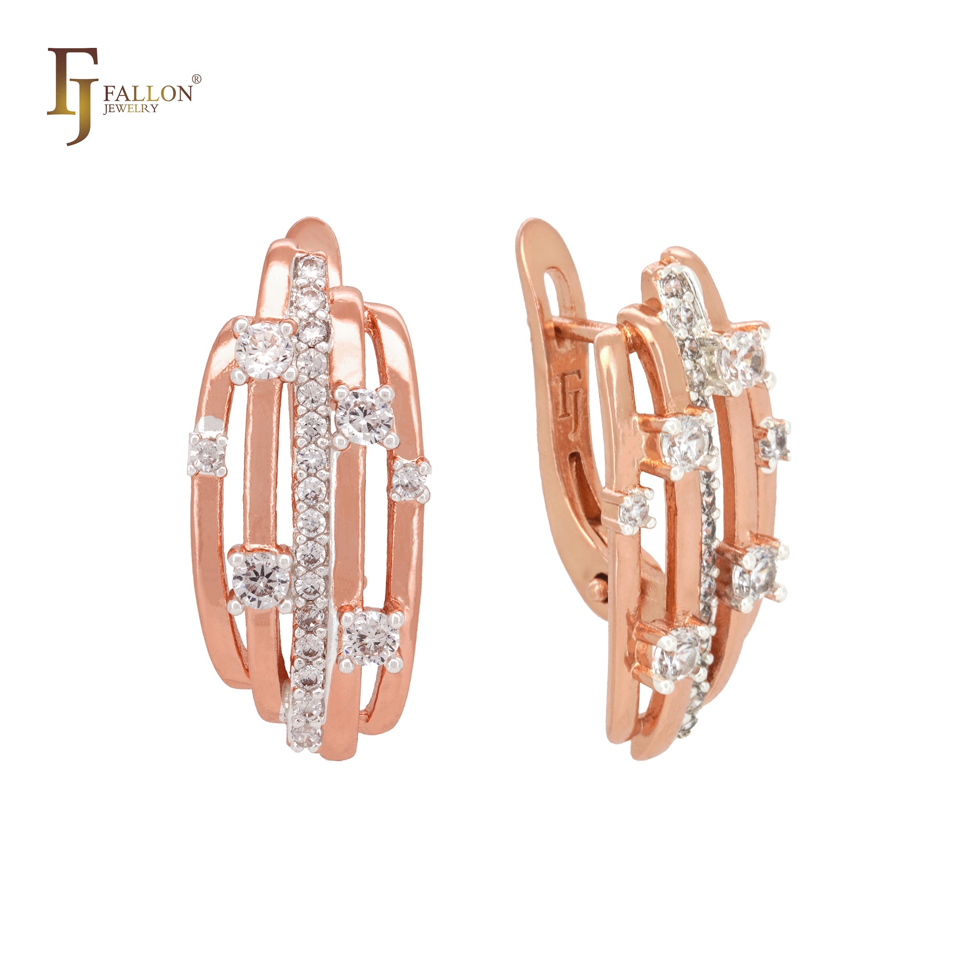 Parallel white CZs cluster geometric Rose Gold Russian Lock Earrings