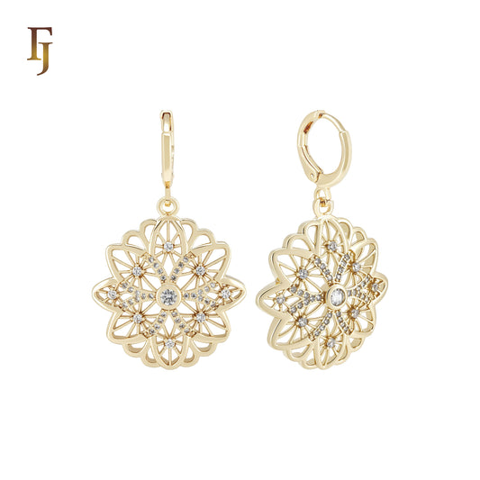 Fancy Petals Snowflake of white CZs 14K Gold Huggie drop Earrings