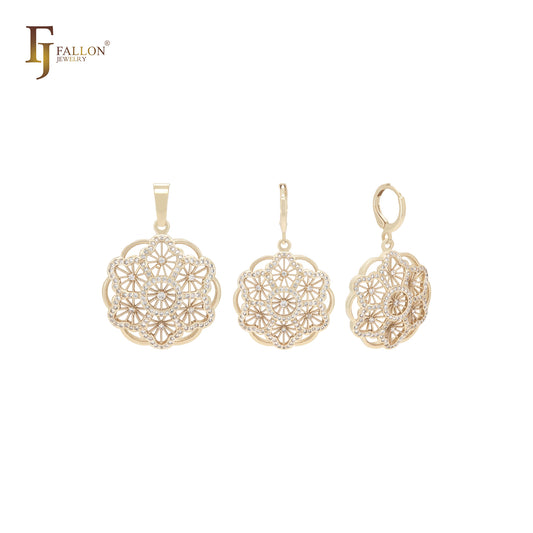 Conjunto de joias com pingente de zircônias cúbicas brancas Kleidoscope, pétalas octogonais, ouro 14K