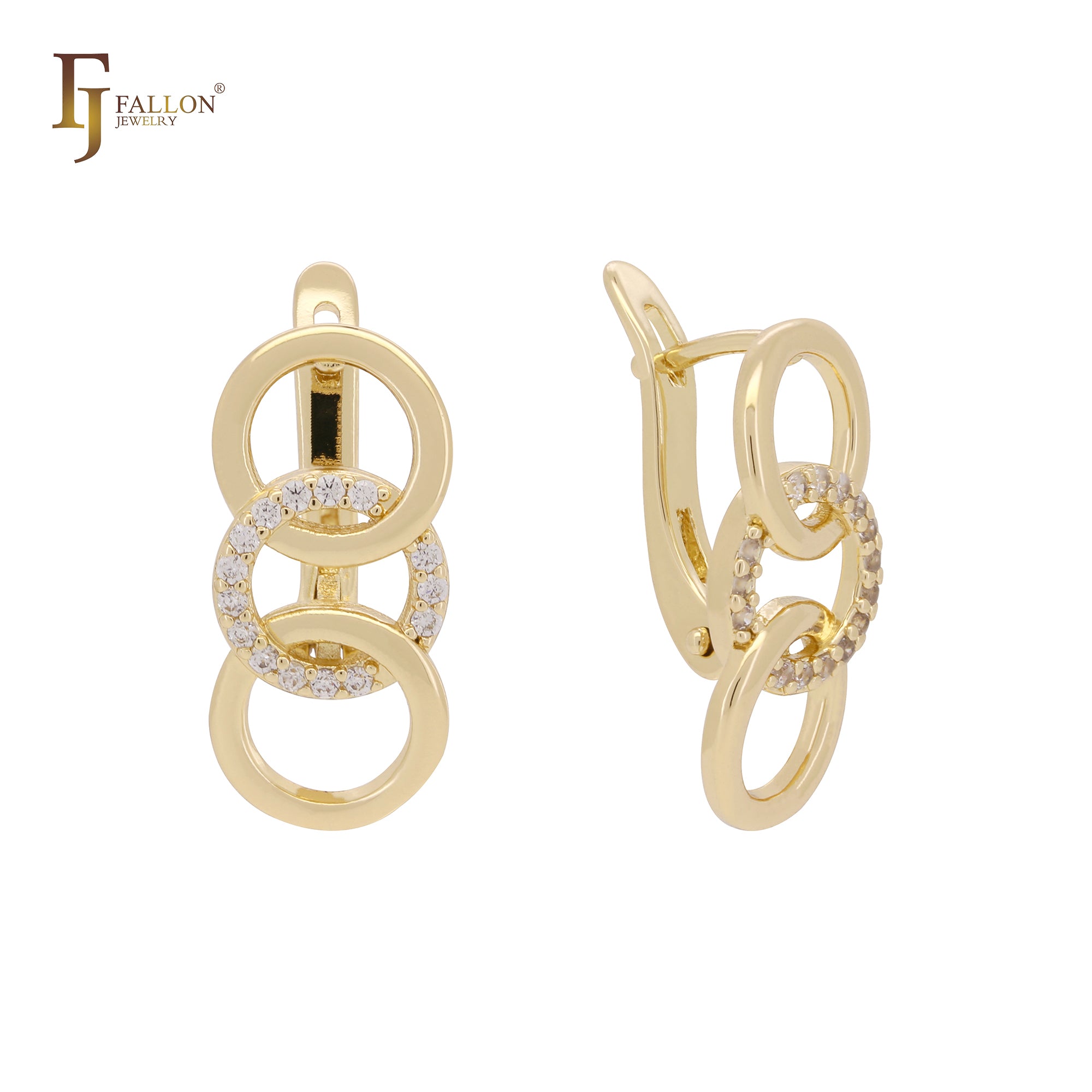 Triple interlocking circles minimalism 14K Gold, Rose Gold two tone Russian Lock Earrings