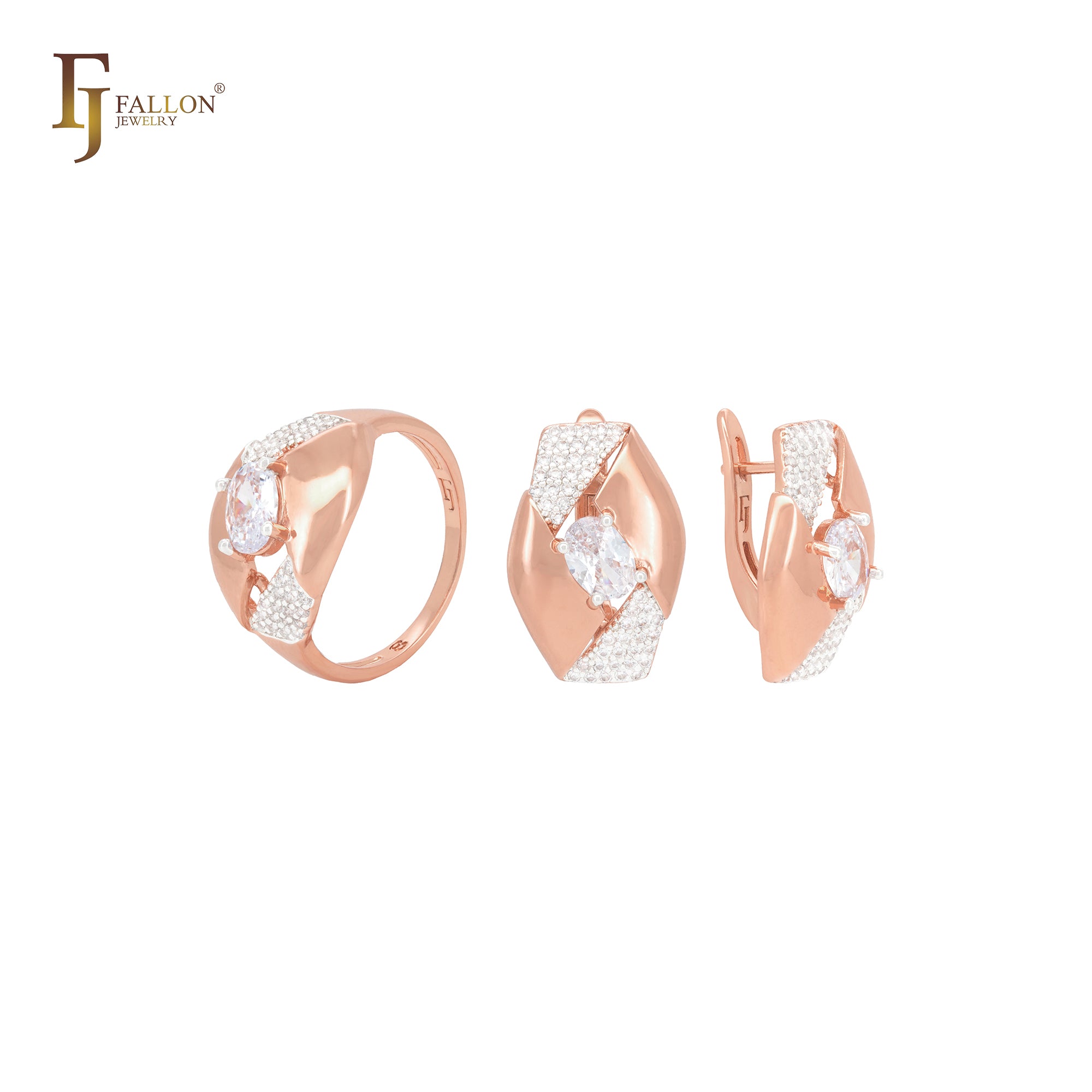 Ovales Sechseck mit weißem Solitär-CZ und gepflasterten weißen Zirkonia-Steinen, zweifarbiges Schmuckset aus Roségold mit Ringen