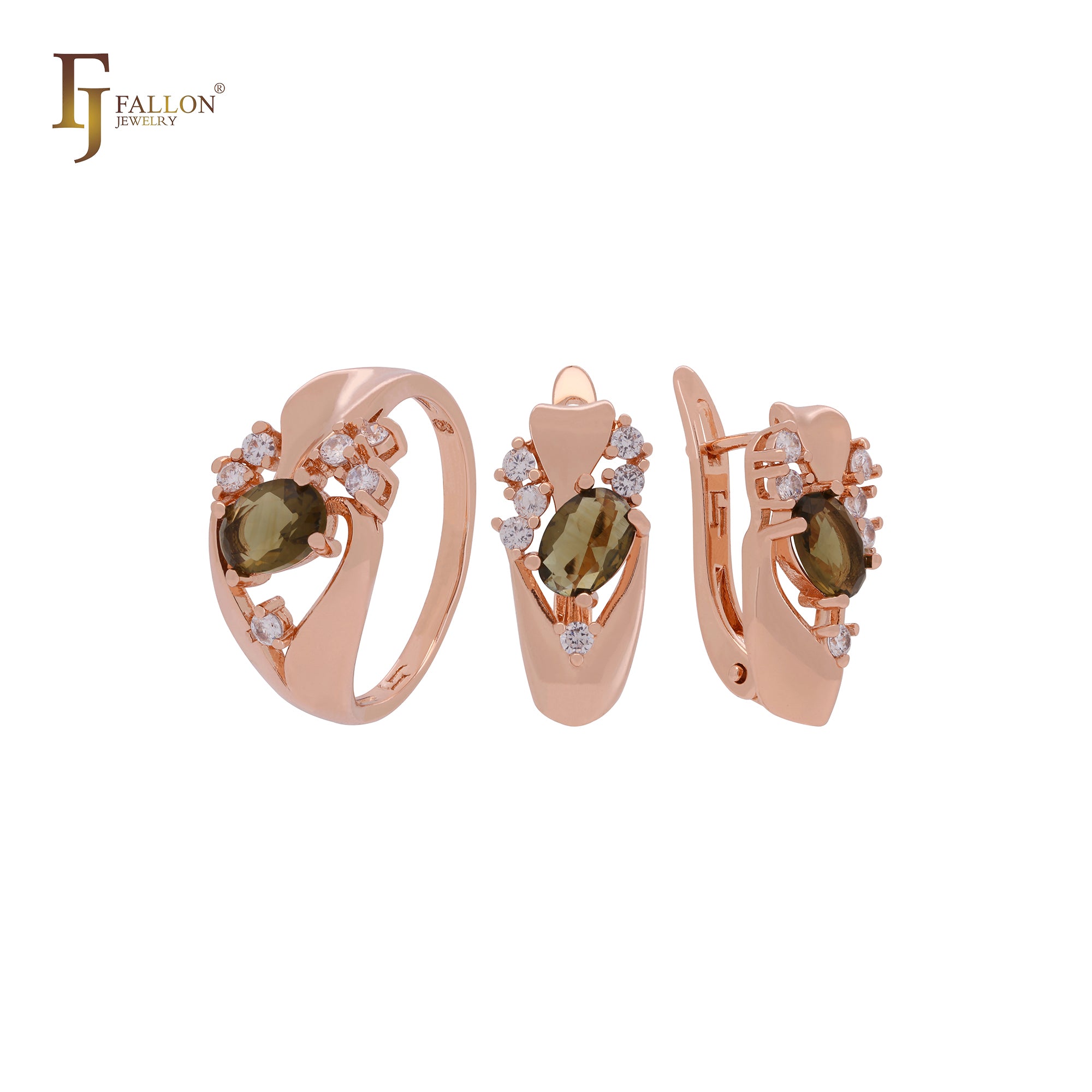 Luxuriöses Schmuckset aus Roségold mit weißen, smaragdgrünen oder kaffeebraunen Zirkonia-Steinen und Ringen