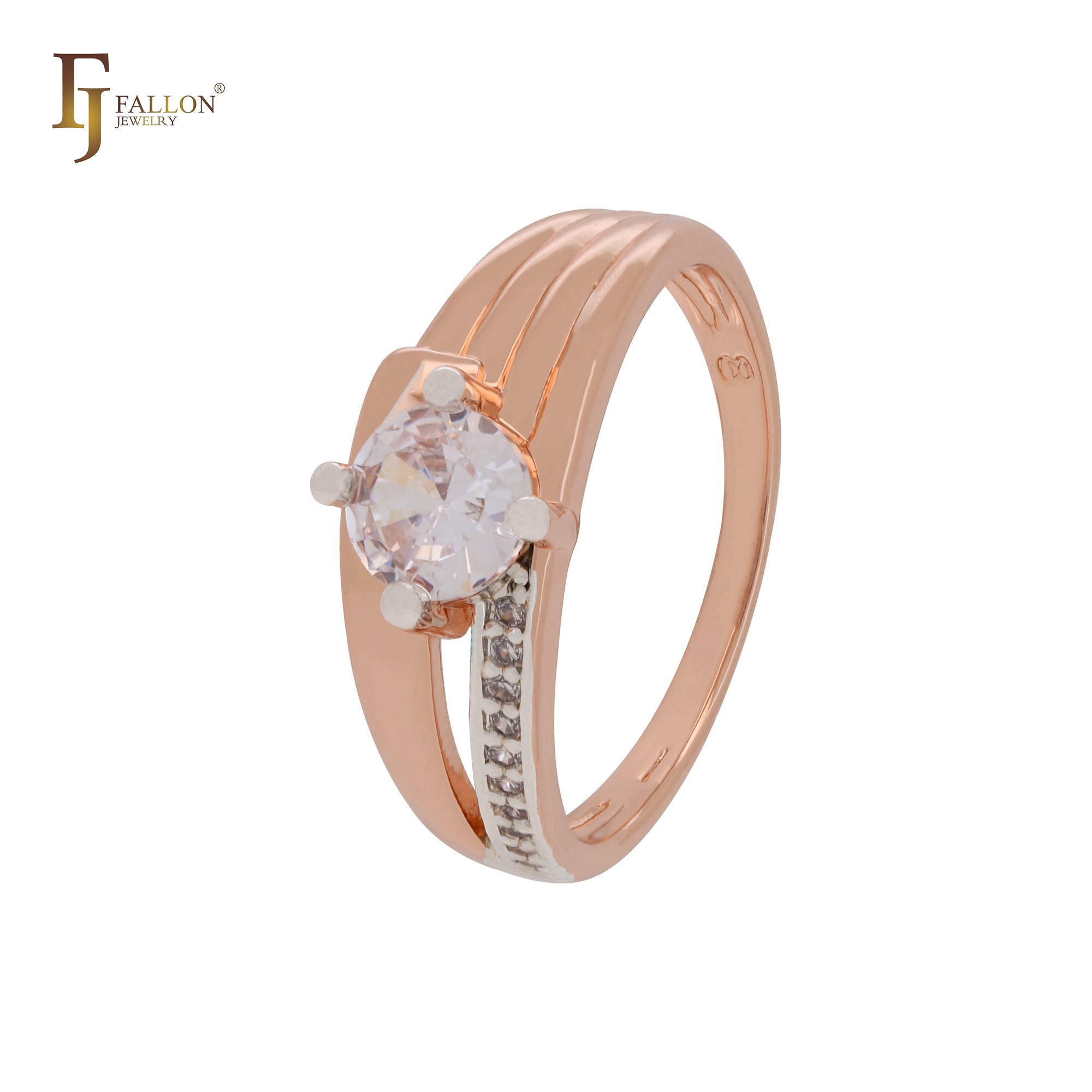 Solitär, abgerundete weiße Zirkonia, seitlich mit weißen Zirkonia, zweifarbige Moderinge aus Roségold