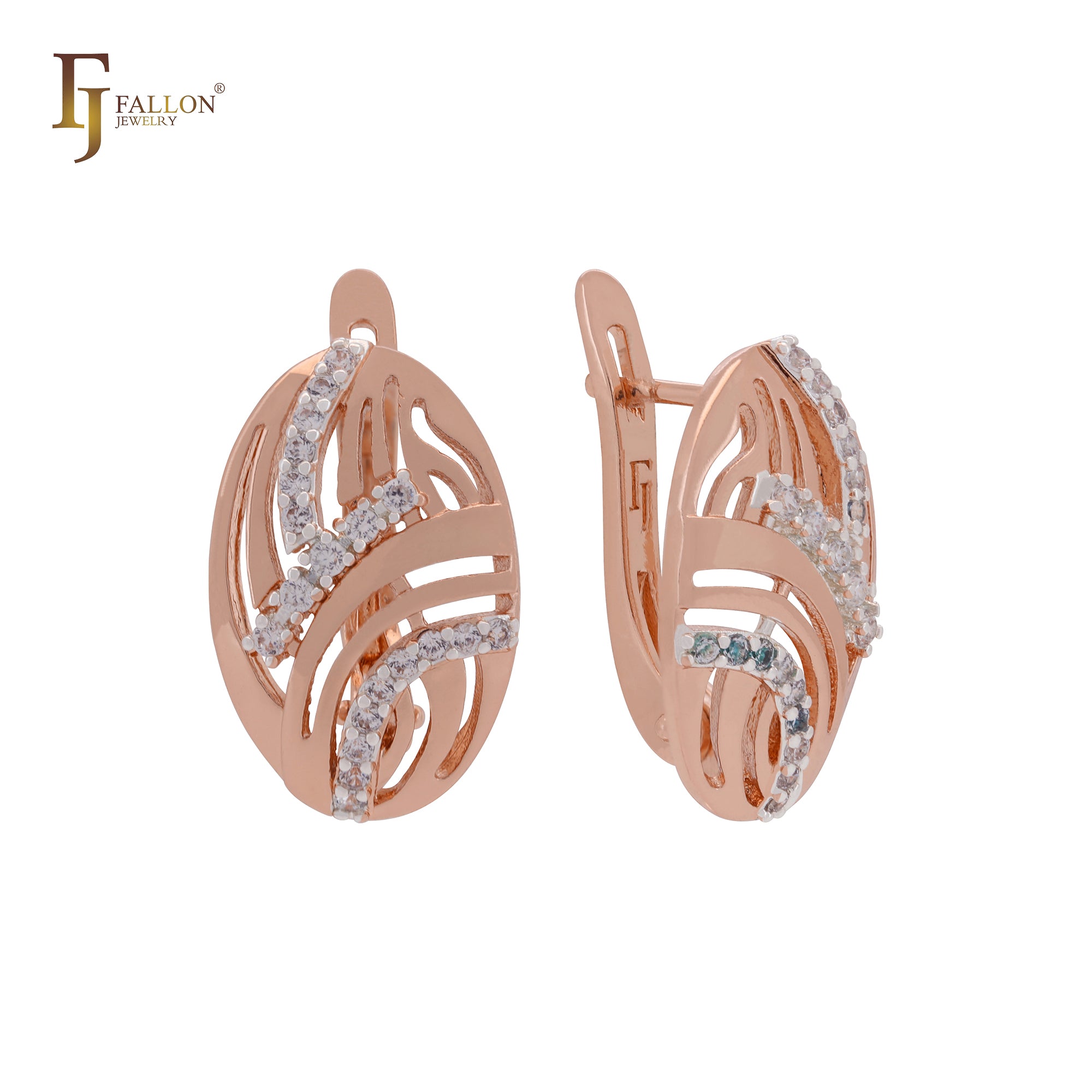 Oval wire filigree textured white CZs Rose Gold two tone Russian Lock Earrings