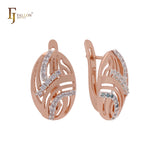 Oval wire filigree textured white CZs Rose Gold two tone Russian Lock Earrings