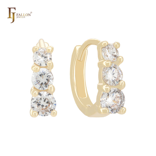 三颗圆形白色 CZ 14K 金耳环