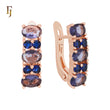 Cluster oval blue and purple CZs Rose Gold Russian Lock Earrings