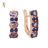 Cluster oval blue and purple CZs Rose Gold Russian Lock Earrings