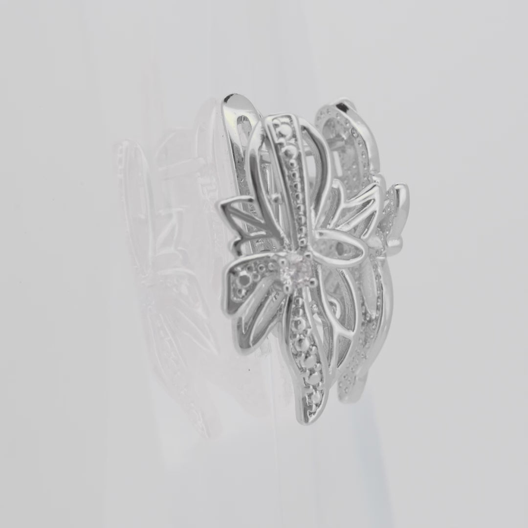 Gold Plated Russian Lock Earrings – Butterfly Filigree with CZ Center Stone | Elegant Non-Pierced Jewelry by FJ