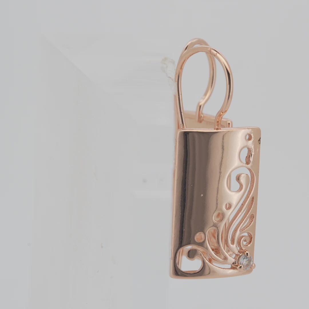 Gold Plated Wire Hook Earrings – Rectangular Panel with Swirl Cutout & CZ Accent | Artistic Lightweight Jewelry by FJ