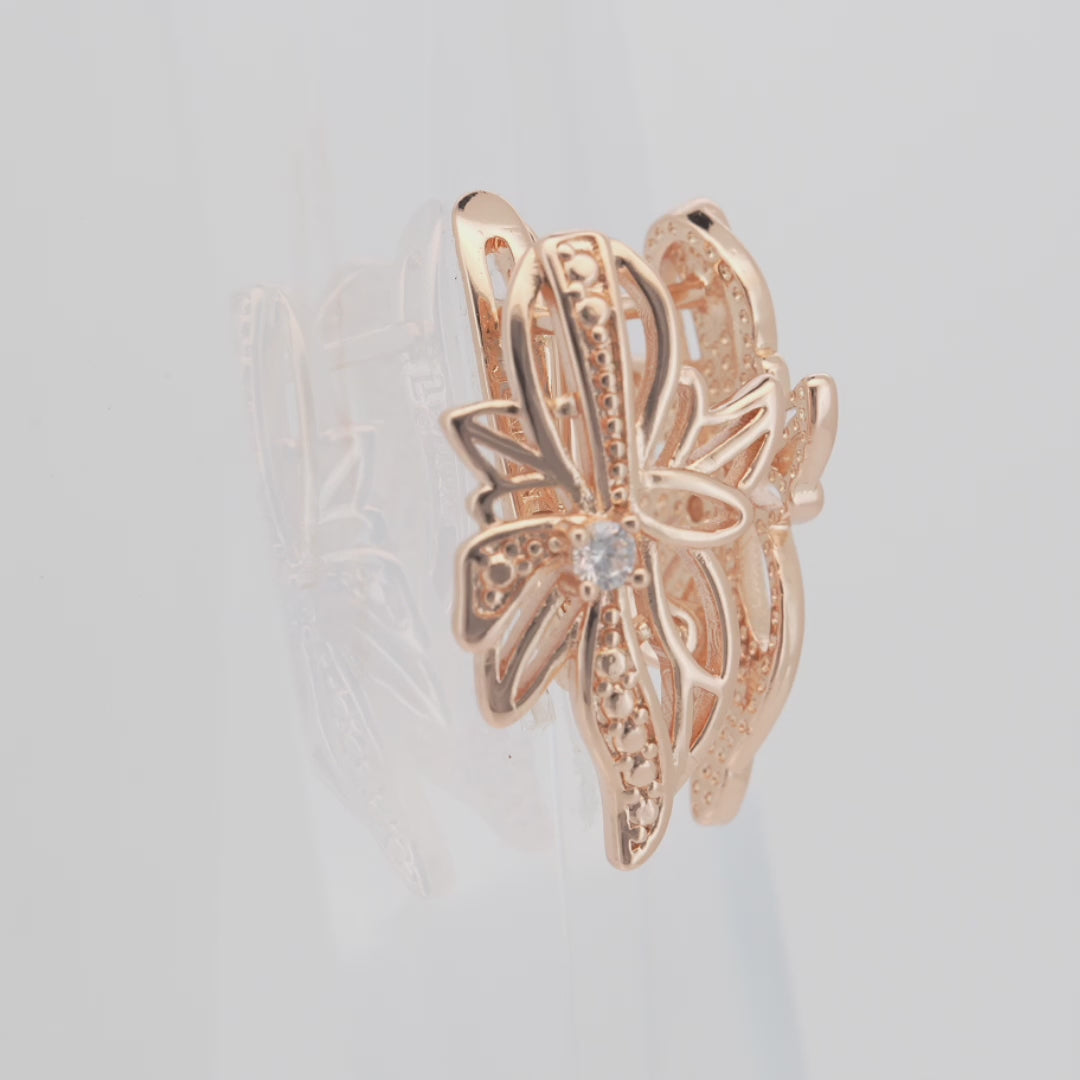 Gold Plated Russian Lock Earrings – Butterfly Filigree with CZ Center Stone | Elegant Non-Pierced Jewelry by FJ