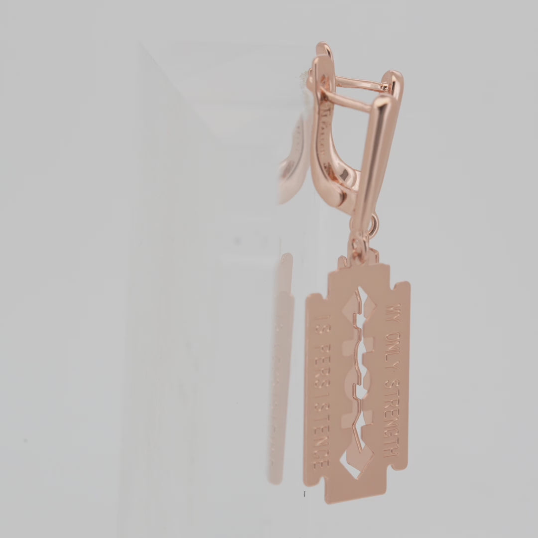 Gold Plated Razor Blade Russian Lock Earrings with Engraved Inspirational Quote