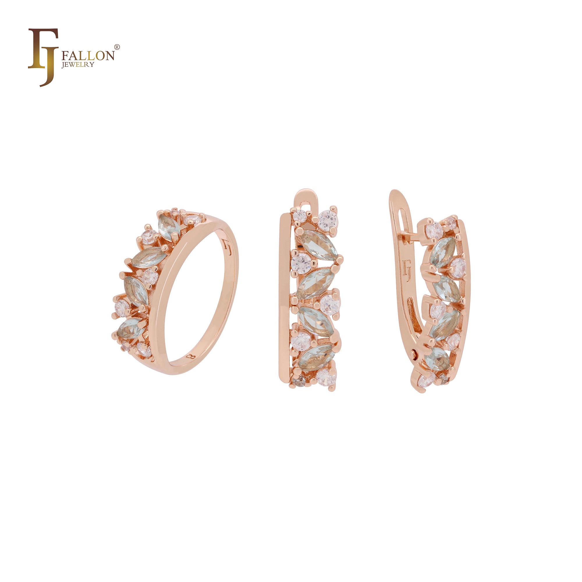 Cluster weiße und blaue Flora CZs Roségold Schmuckset mit Ringen