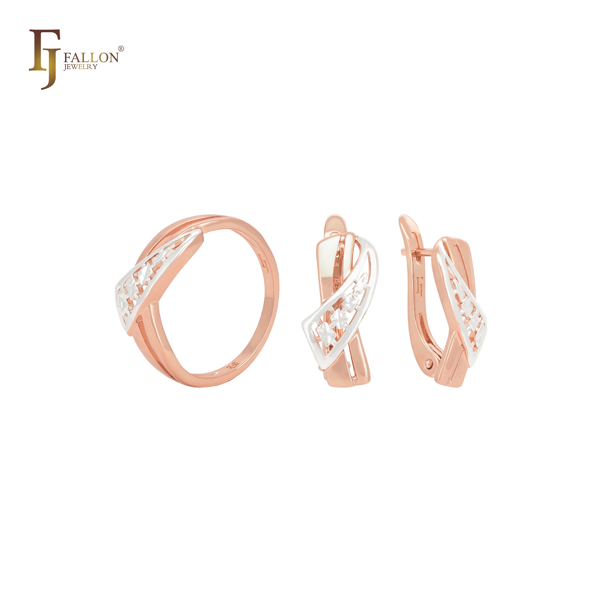 Conjunto de joias em ouro rosa bicolor com formato triangular torcido e anéis