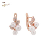 Triple pearls and leaves 14K Gold, Rose Gold, two tone Russian Lock Earrings