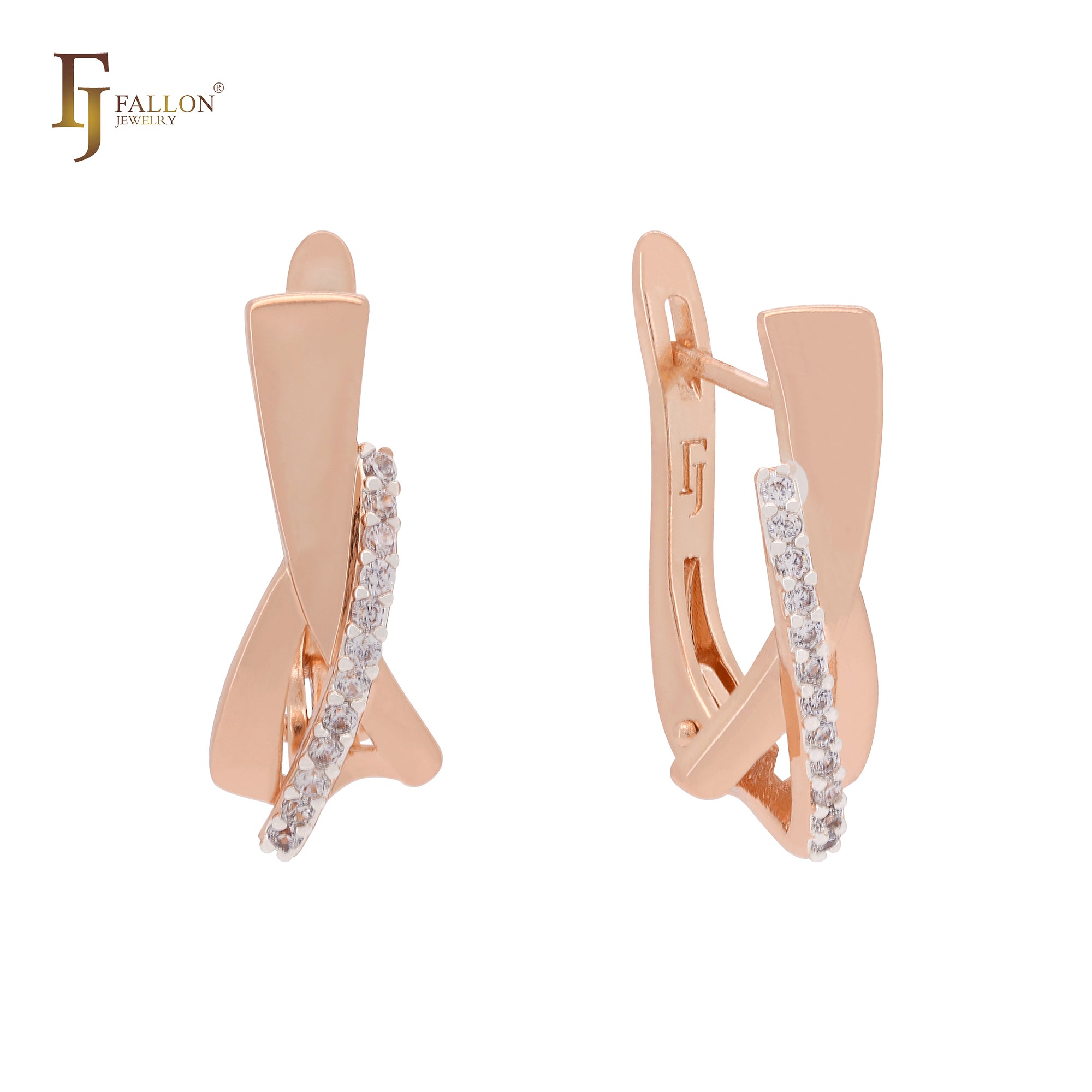Twisted ribbon of white Czs Rose Gold two tone Russian Lock Earrings