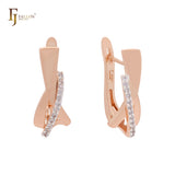 Twisted ribbon of white Czs Rose Gold two tone Russian Lock Earrings
