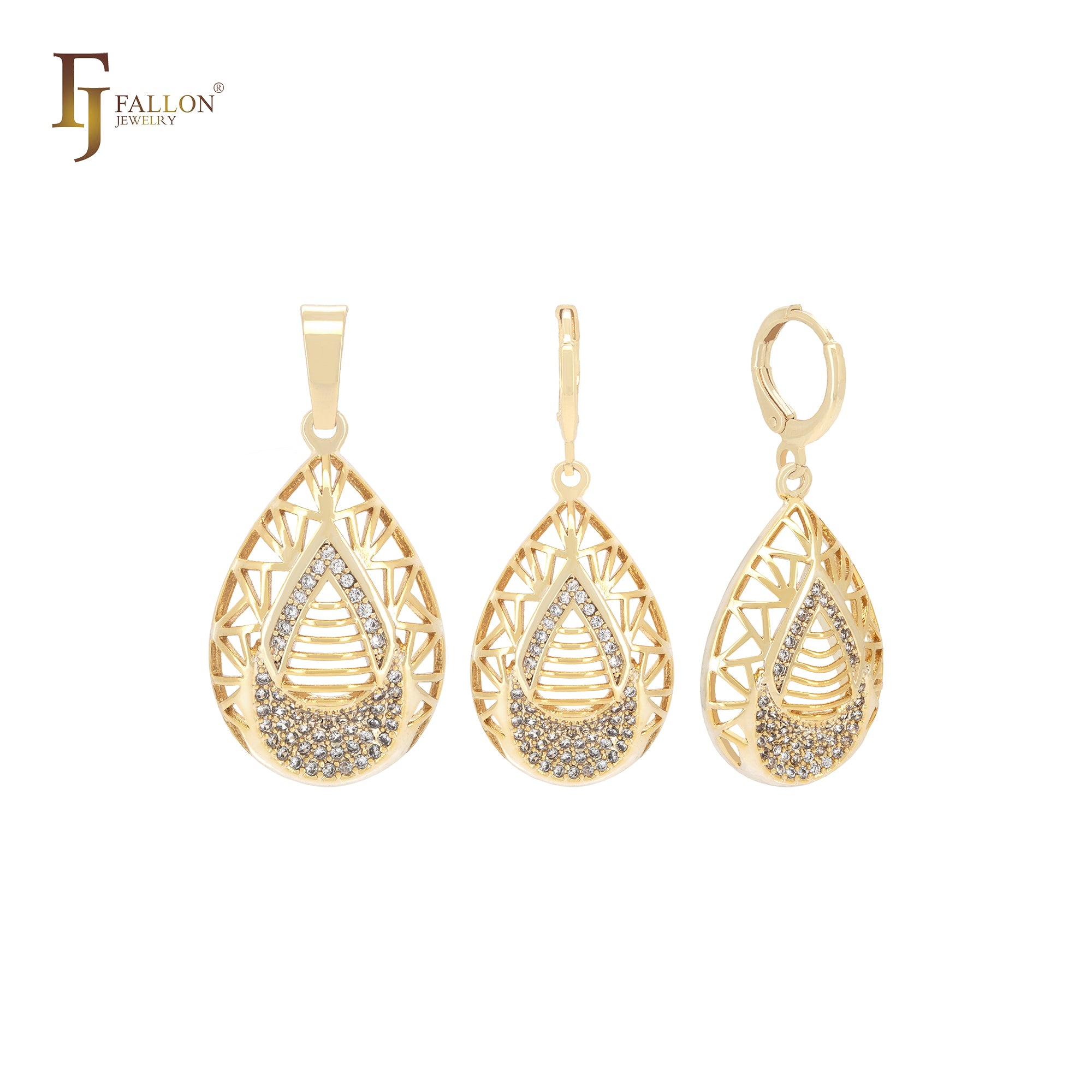 Conjunto de joias de ouro 14K com pingente em formato de lágrima de zircônias cúbicas brancas