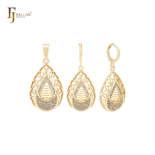Conjunto de joias de ouro 14K com pingente em formato de lágrima de zircônias cúbicas brancas