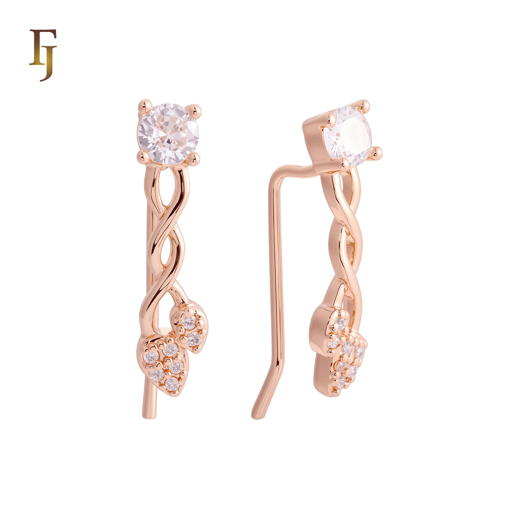 Solitaire Branches growing of white CZs Rose Gold Crawler Earrings