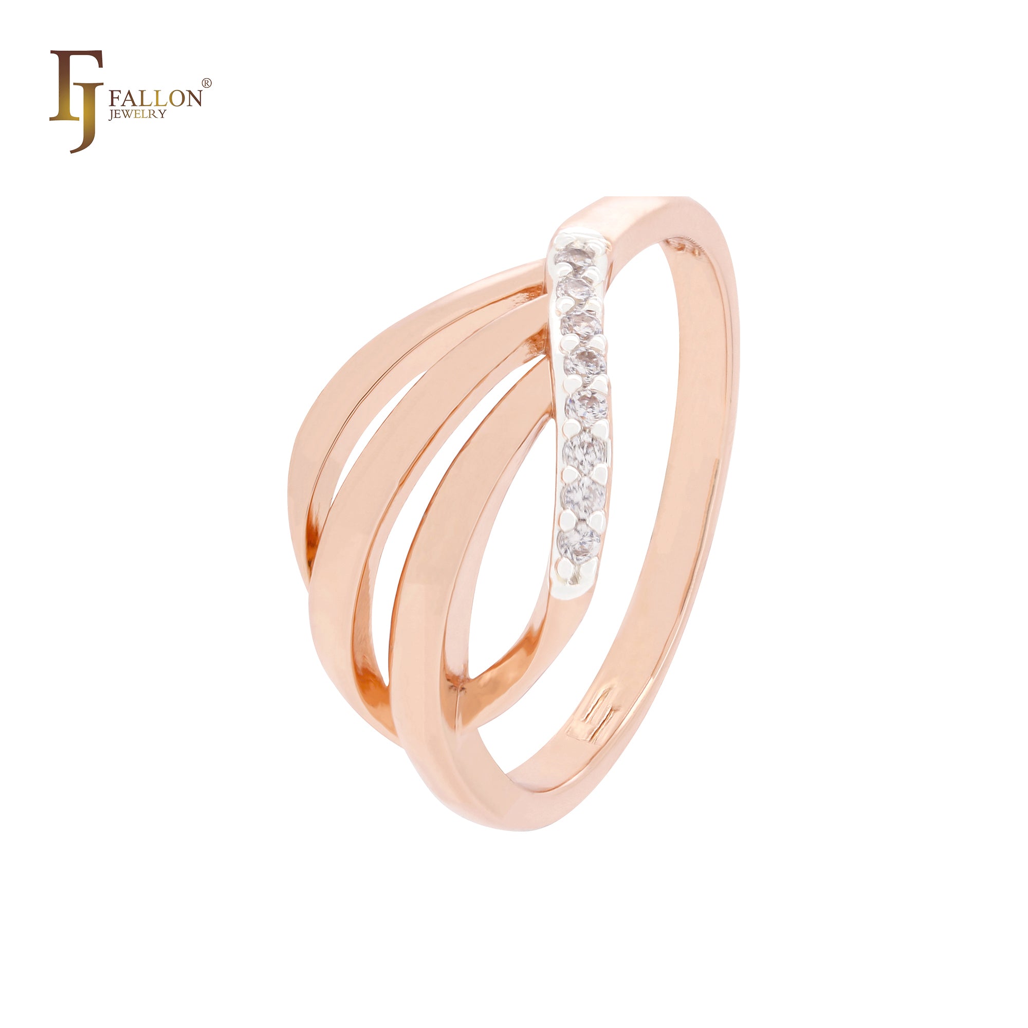 Dreifache Zweige geometrische weiße CZs Rose Gold zweifarbige Mode Ringe