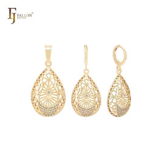 Conjunto de joias em ouro 14K com pingente em forma de lágrima e zircônias cúbicas brancas filigranadas