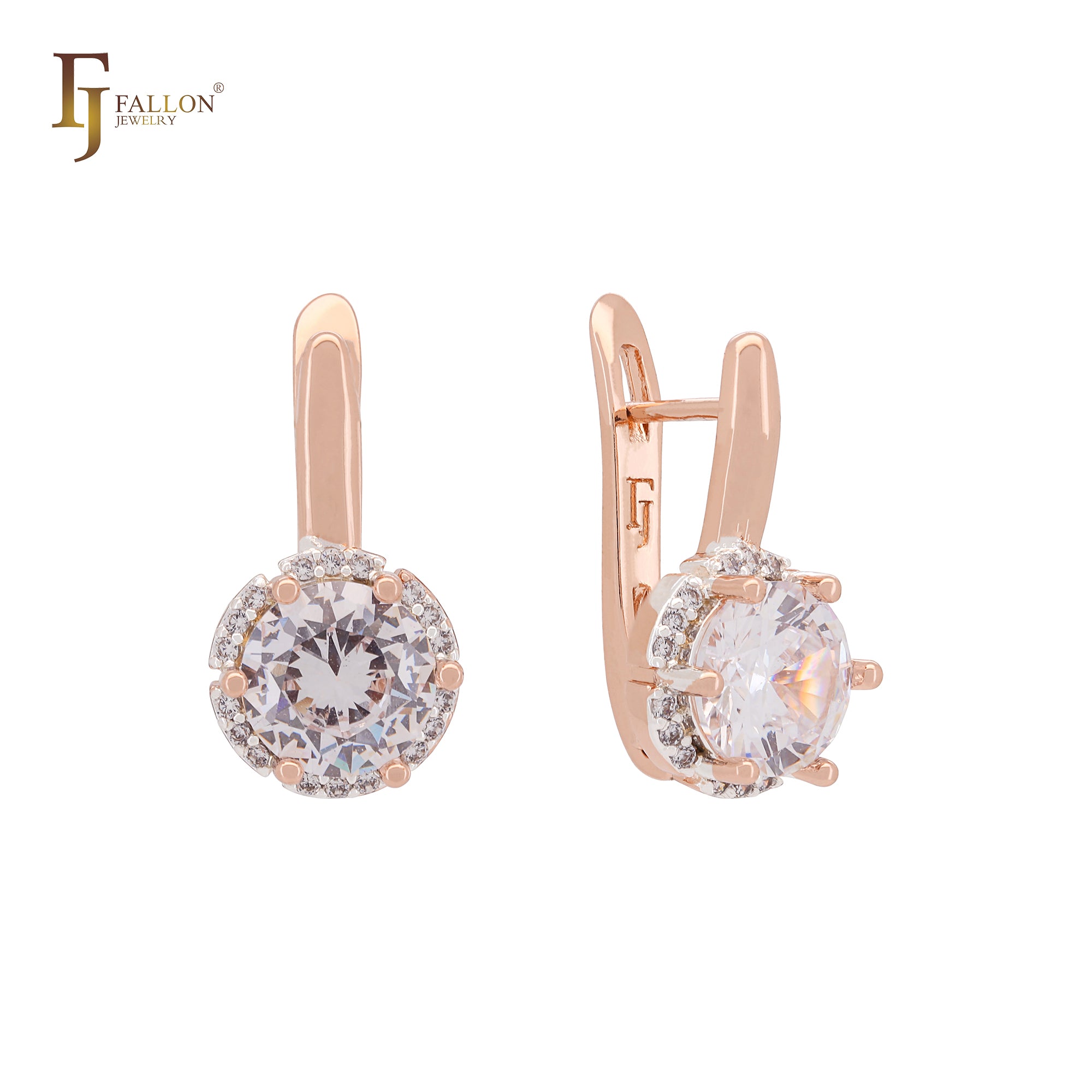 Solitaire Halo Big Rounded Colorful CZ Rose Gold two tone Clip-On Earrings