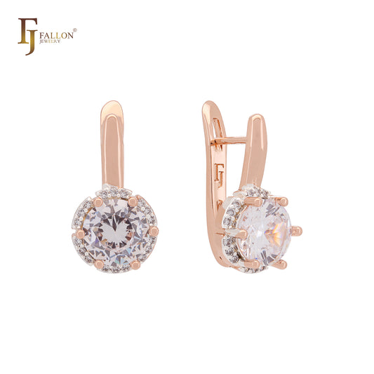 Solitaire Halo Big Rounded Colorful CZ Rose Gold two tone Clip-On Earrings