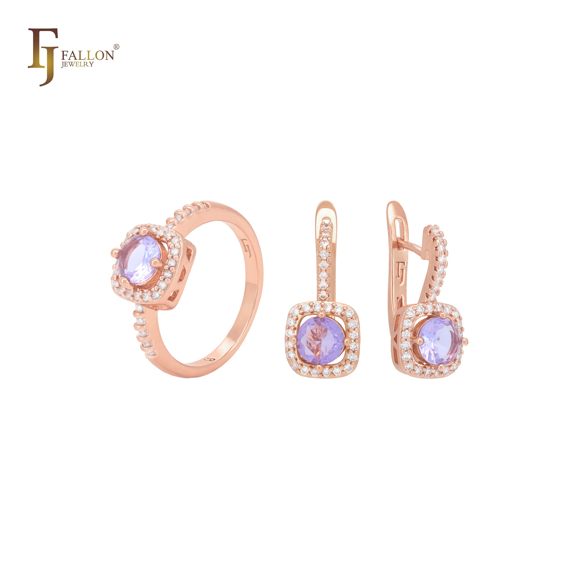 Weiße Zirkonia-Bänder mit runden lila Zirkonia-Rosegold-Schmuckset mit Ringen