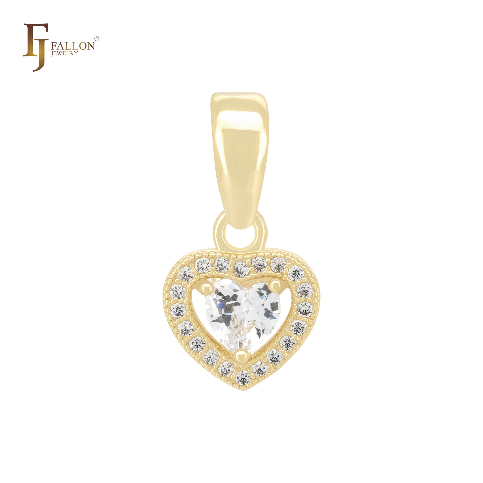 Solitaire Halo Heart of white CZs 14K Gold Heart Pendant
