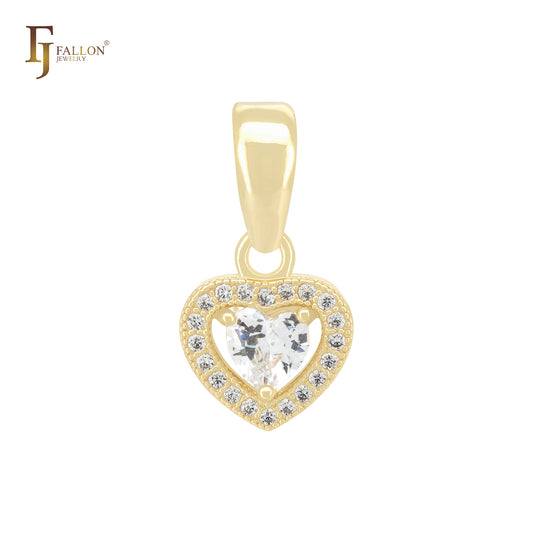 Solitaire Halo Heart of white CZs 14K Gold Heart Pendant