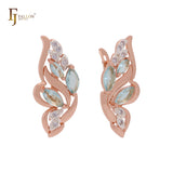 Cluster flower leaves of lake blue CZs luxurious Rose Gold two tone Russian Lock Earrings